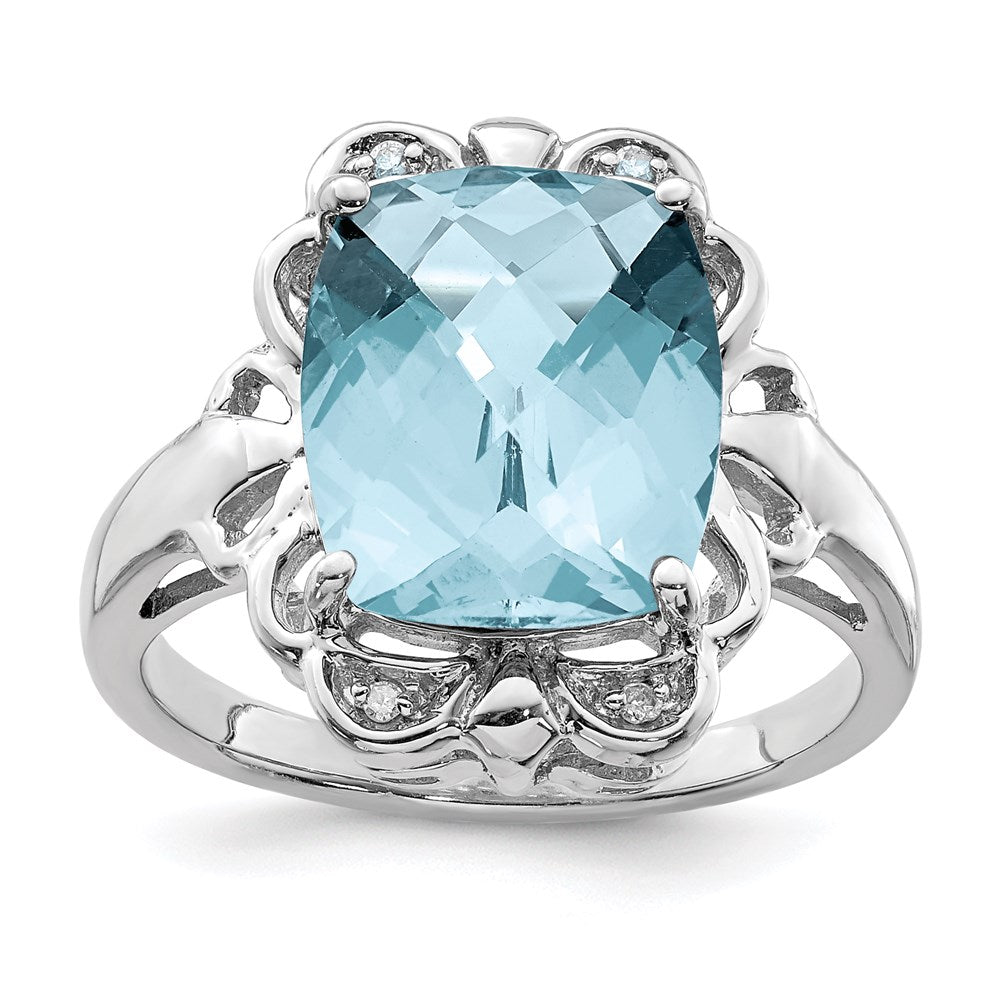 Sterling Silver Rhodium Checker-Cut Sky Blue Topaz & Natural Diamond Gemstone Birthstone Ring Fine Jewelry Gift for Her