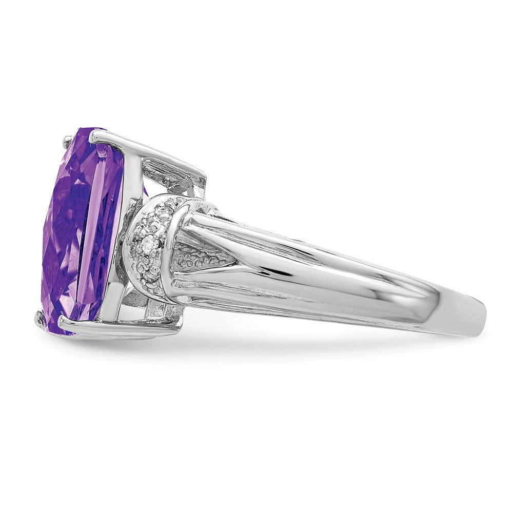 Sterling Silver Rhodium-plated Checker-Cut Amethyst & Diamond Ring