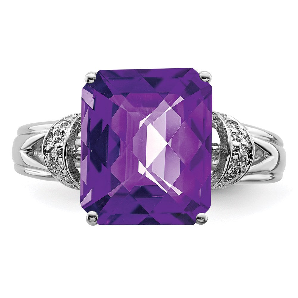 Sterling Silver Rhodium-plated Checker-Cut Amethyst & Diamond Ring