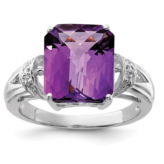 Sterling Silver Rhodium-plated Checker-Cut Amethyst & Diamond Ring