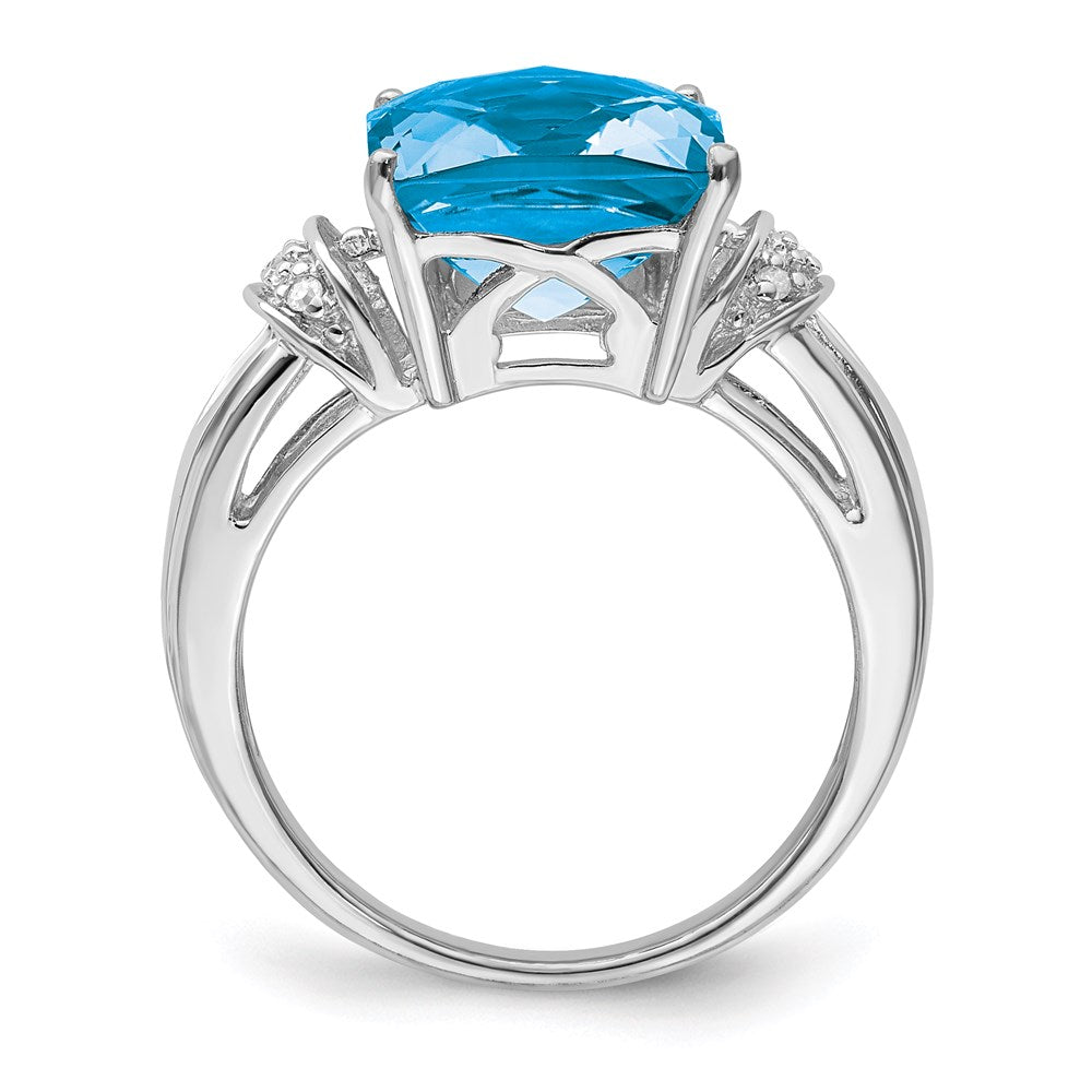 Sterling Silver Rhodium Checker-Cut Blue Topaz & Diamond Ring