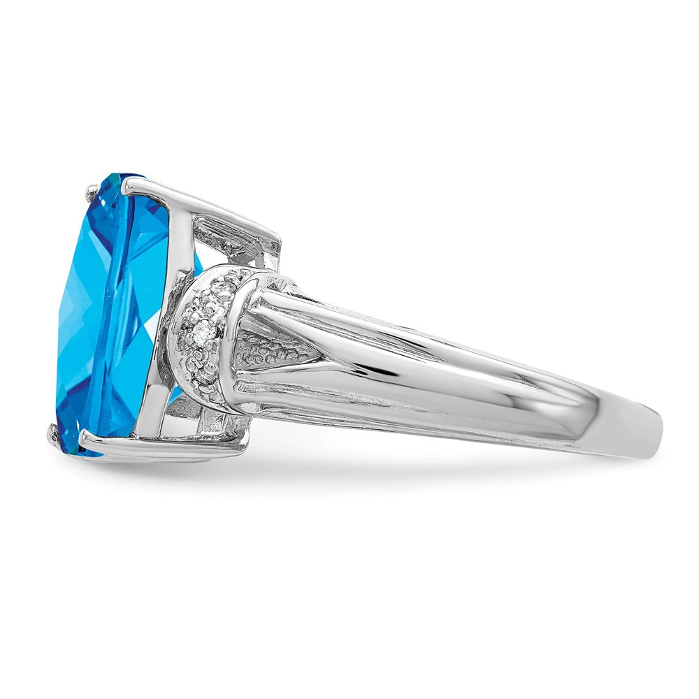 Sterling Silver Rhodium Checker-Cut Blue Topaz & Diamond Ring