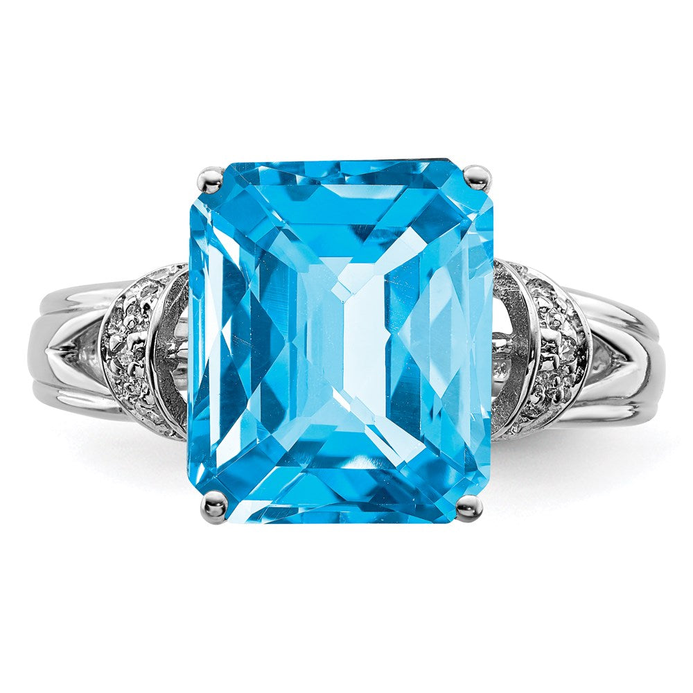 Sterling Silver Rhodium Checker-Cut Blue Topaz & Diamond Ring