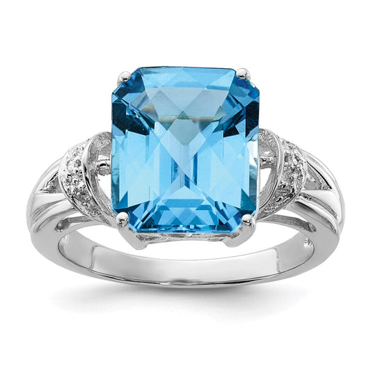 Sterling Silver Rhodium Checker-Cut Blue Topaz & Diamond Ring