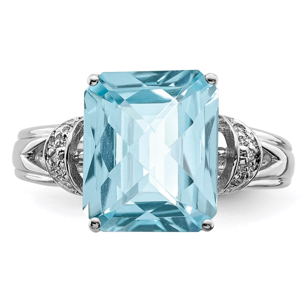 Sterling Silver Rhodium Checker-Cut Sky Blue Topaz & Diamond Ring