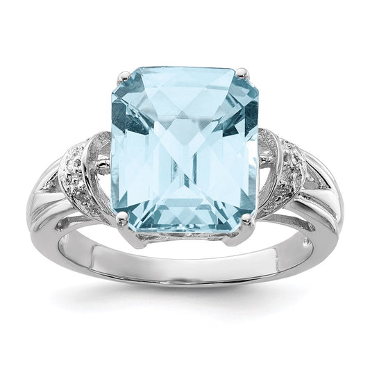 Sterling Silver Rhodium Checker-Cut Sky Blue Topaz & Diamond Ring