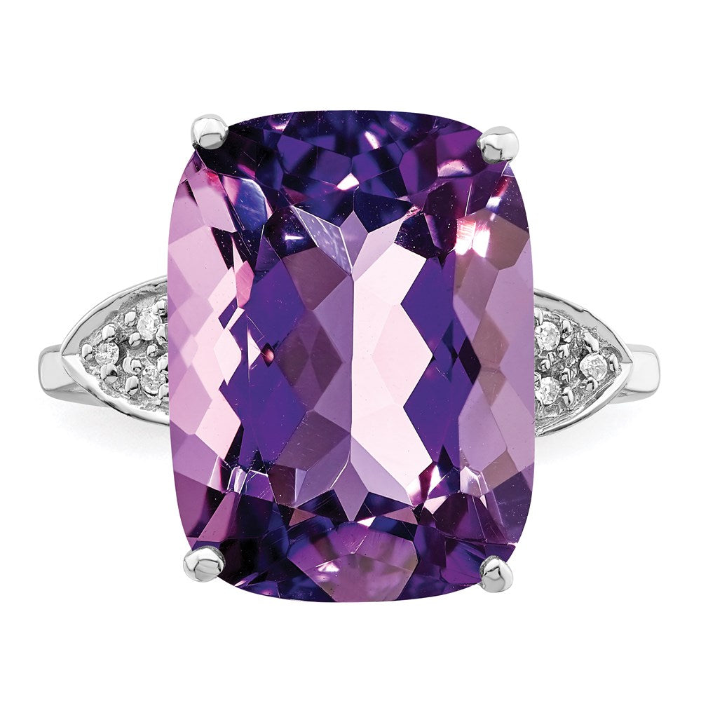 Sterling Silver Rhodium-plated Checker-Cut Amethyst & Diamond Ring