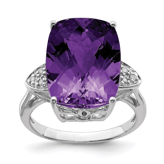 Sterling Silver 14K White Gold Plated Checker-Cut Amethyst & Diamond Gemstone Birthstone Ring Fine Jewelry Gift for Her