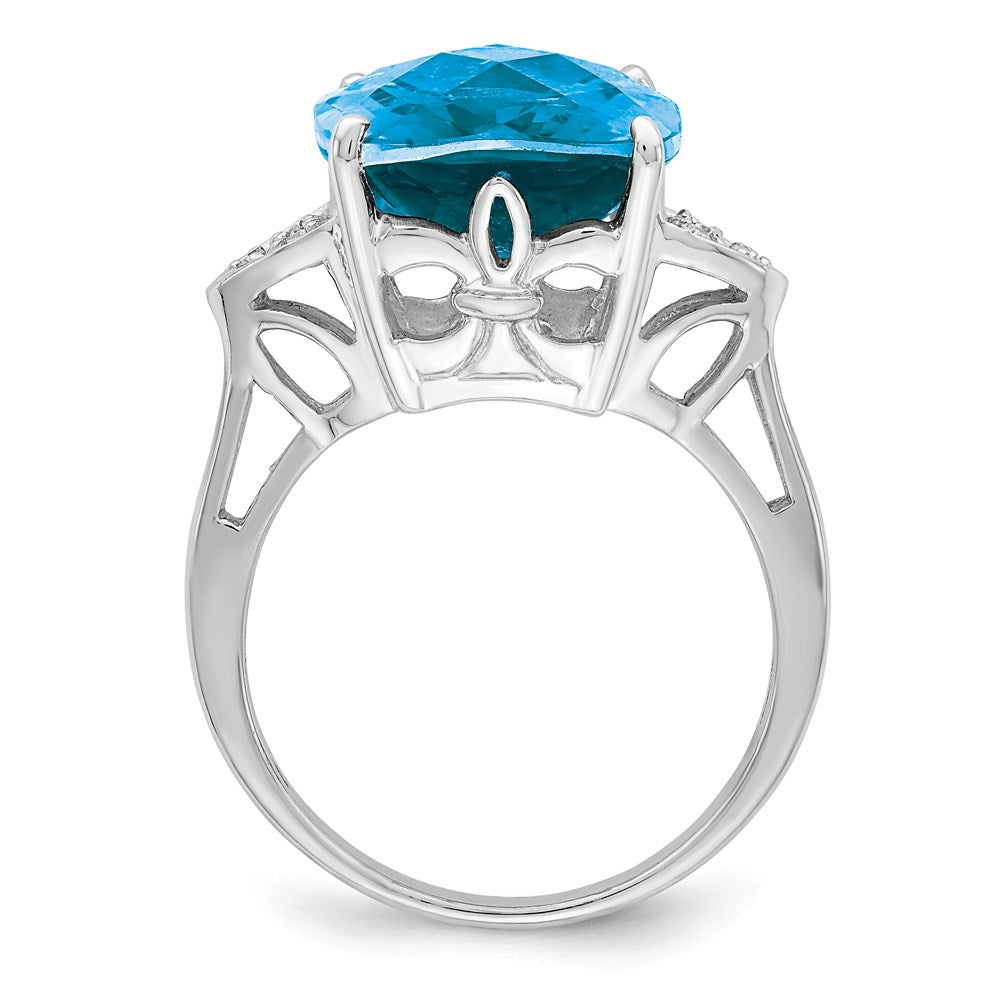 Sterling Silver Rhodium Checker-Cut Blue Topaz & Diamond Ring