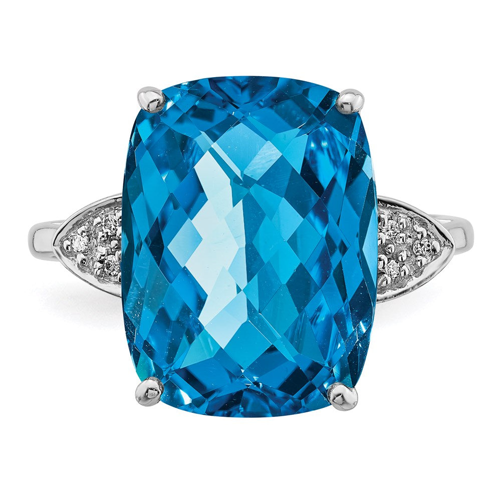 Sterling Silver Rhodium Checker-Cut Blue Topaz & Diamond Ring