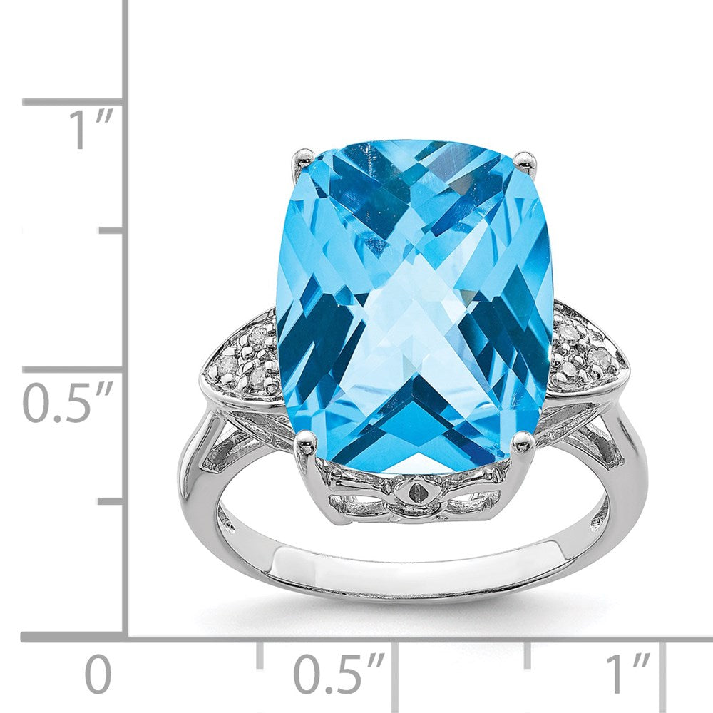 Sterling Silver Rhodium Checker-Cut Blue Topaz & Diamond Ring