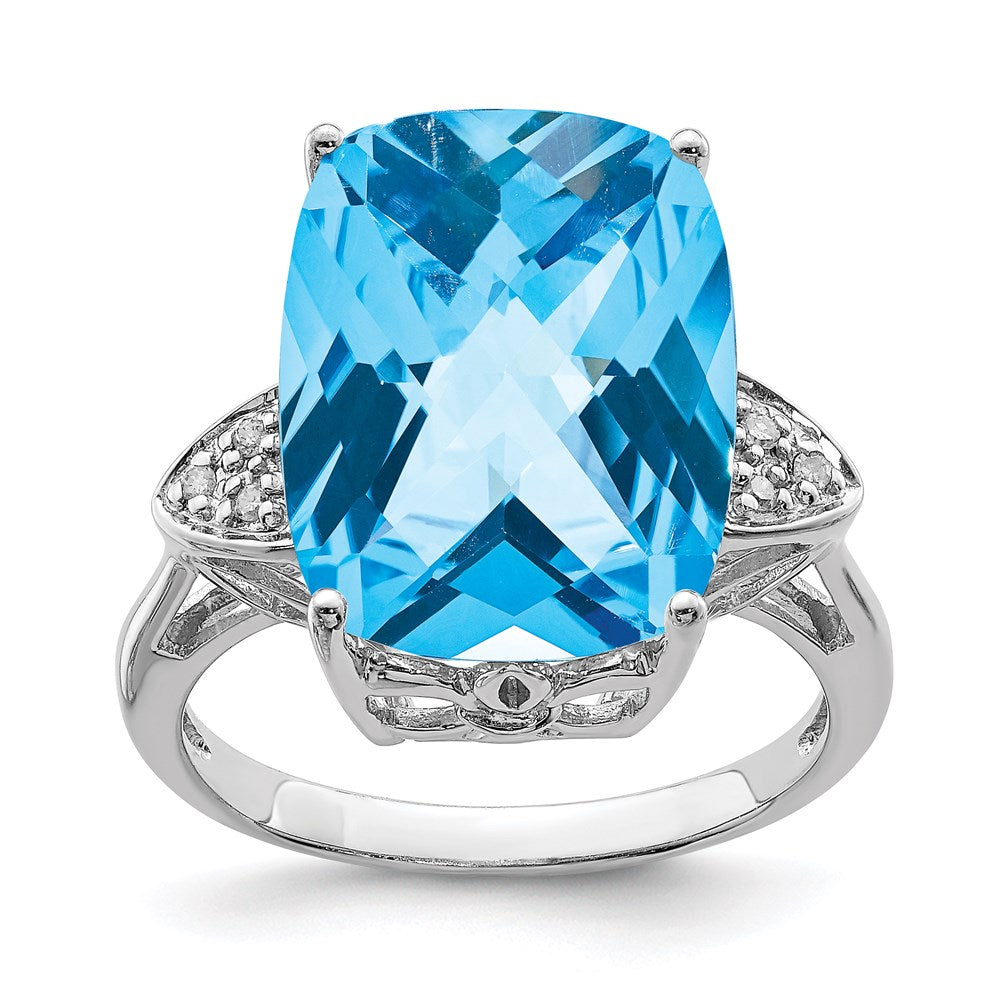 Sterling Silver Rhodium Checker-Cut Blue Topaz & Diamond Ring