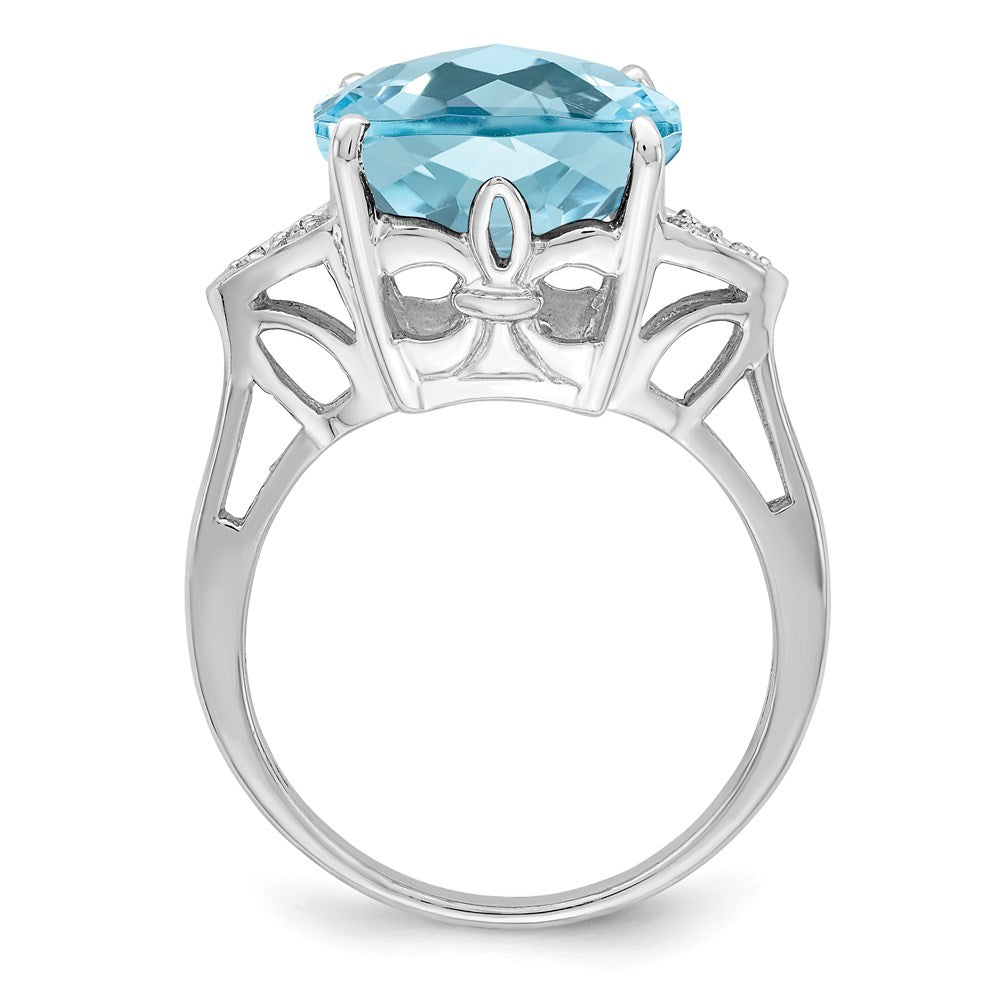 Sterling Silver Rhodium Checker-Cut Sky Blue Topaz & Natural Diamond Gemstone Birthstone Ring Fine Jewelry Gift for Her