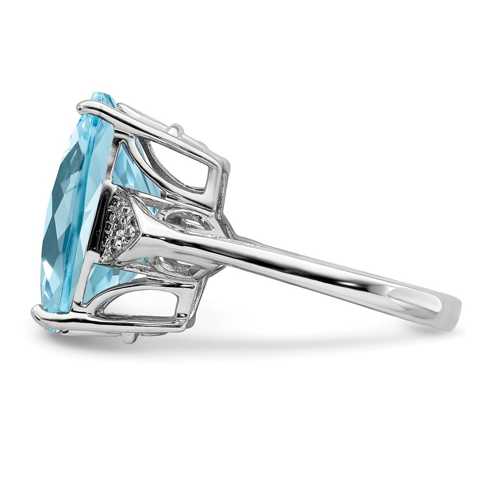 Sterling Silver Rhodium Checker-Cut Sky Blue Topaz & Natural Diamond Gemstone Birthstone Ring Fine Jewelry Gift for Her