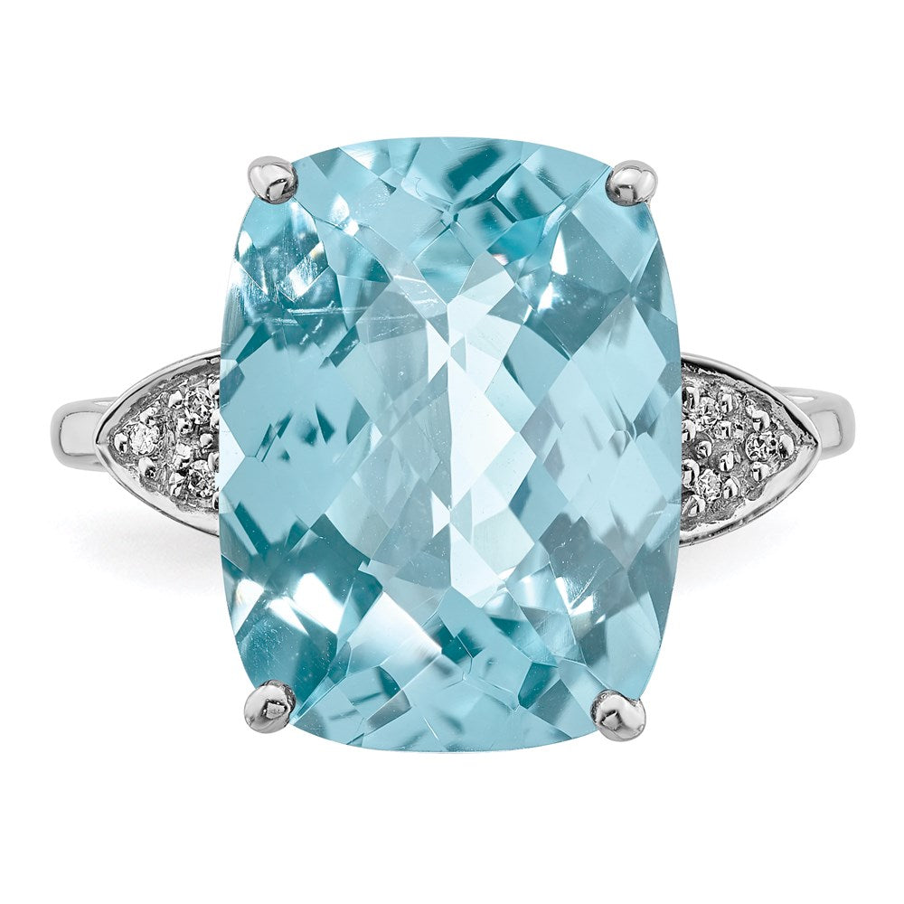 Sterling Silver Rhodium Checker-Cut Sky Blue Topaz & Natural Diamond Gemstone Birthstone Ring Fine Jewelry Gift for Her