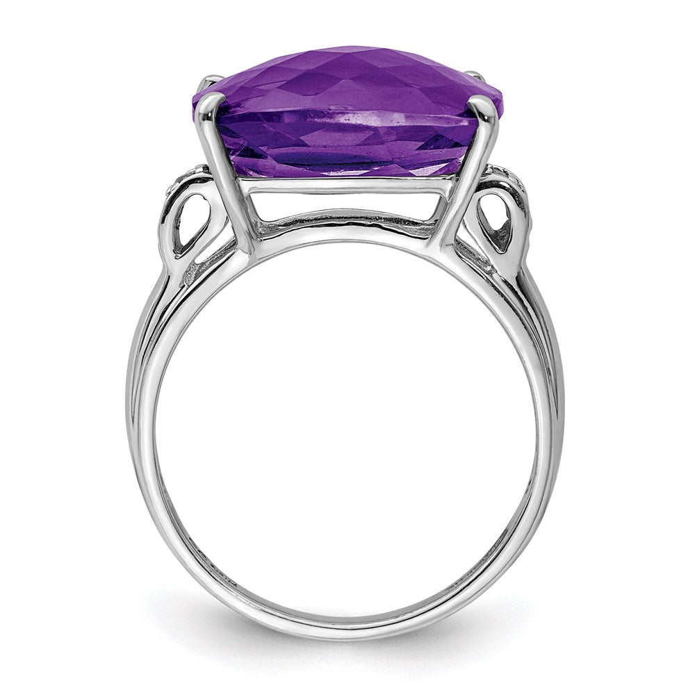 Sterling Silver Rhodium-plated Checker-Cut Amethyst & Diamond Ring