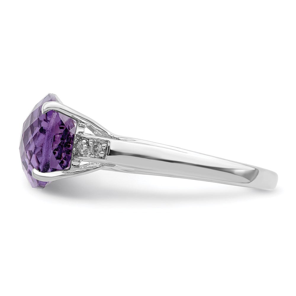 Sterling Silver Rhodium-plated Checker-Cut Amethyst & Diamond Ring