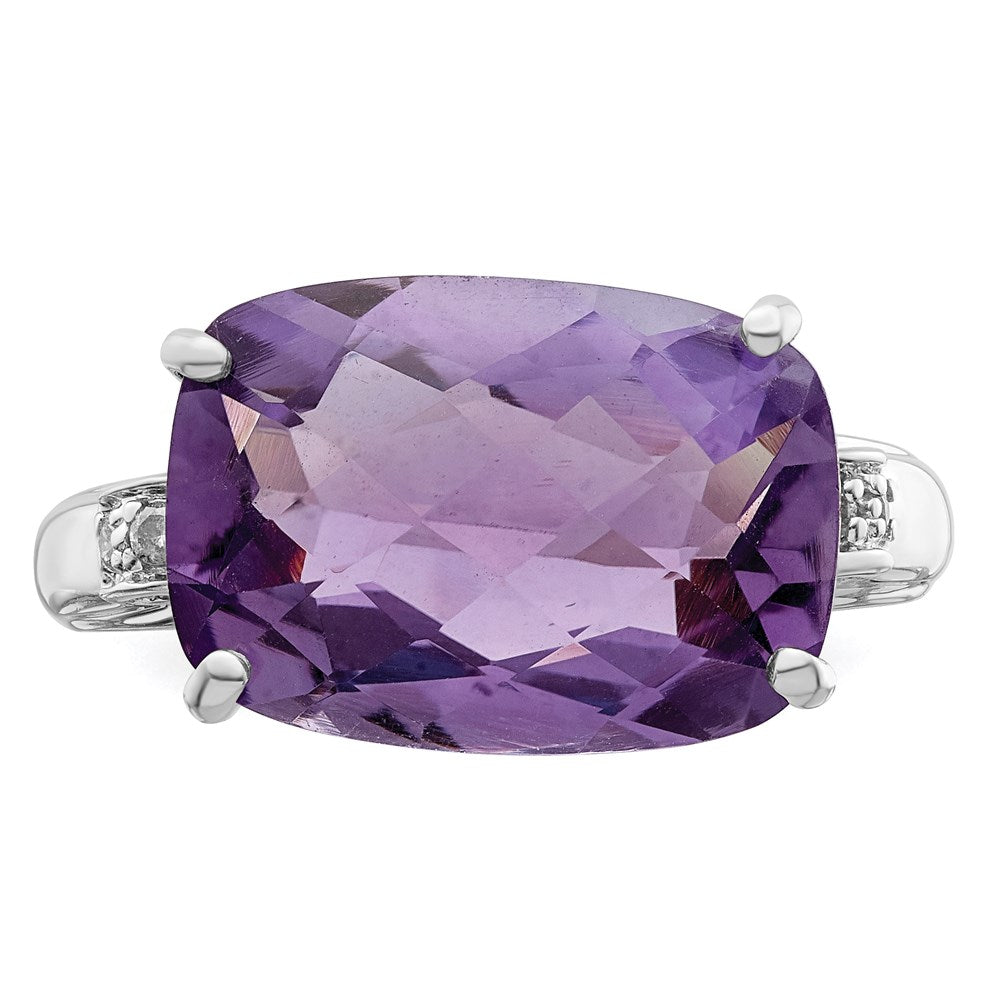 Sterling Silver Rhodium-plated Checker-Cut Amethyst & Diamond Ring