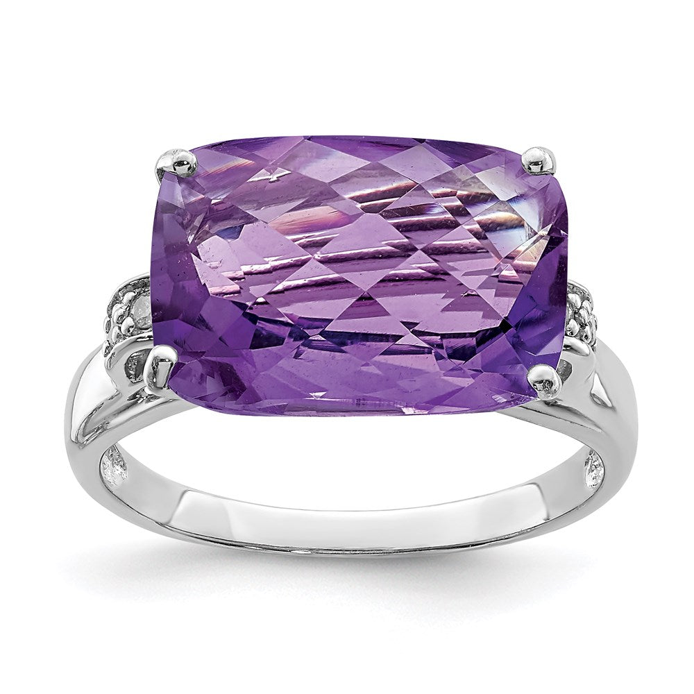 Sterling Silver Rhodium-plated Checker-Cut Amethyst & Diamond Ring