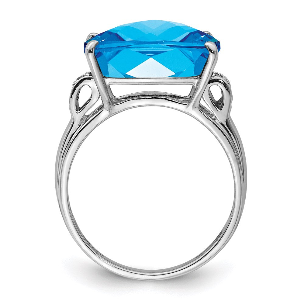 Sterling Silver Rhodium Checker-Cut Blue Topaz & Diamond Ring