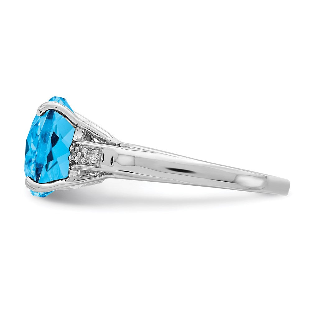 Sterling Silver Rhodium Checker-Cut Blue Topaz & Diamond Ring