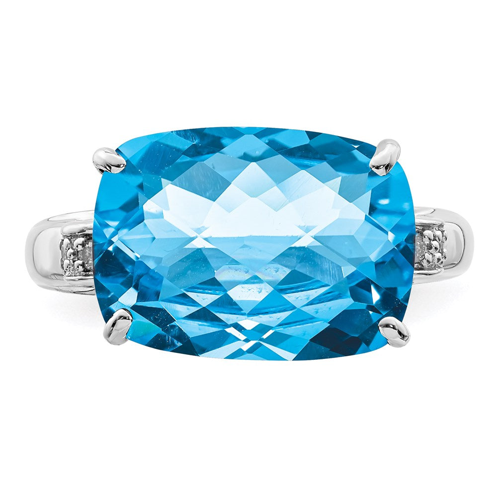 Sterling Silver Rhodium Checker-Cut Blue Topaz & Diamond Ring