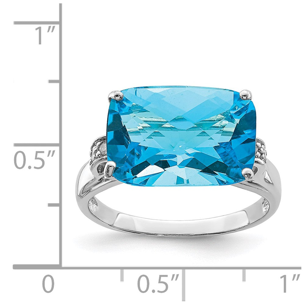 Sterling Silver Rhodium Checker-Cut Blue Topaz & Diamond Ring