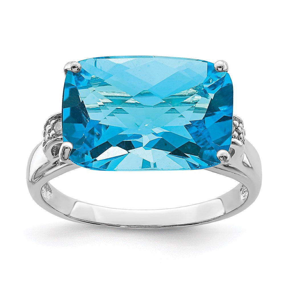 Sterling Silver Rhodium Checker-Cut Blue Topaz & Diamond Ring