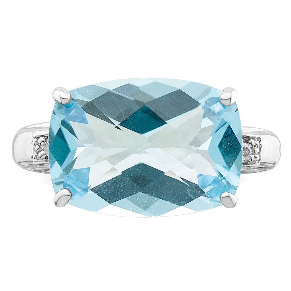 Sterling Silver Rhodium Checker-Cut Sky Blue Topaz & Diamond Ring