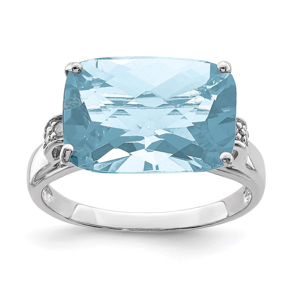 Sterling Silver Rhodium Checker-Cut Sky Blue Topaz & Diamond Ring