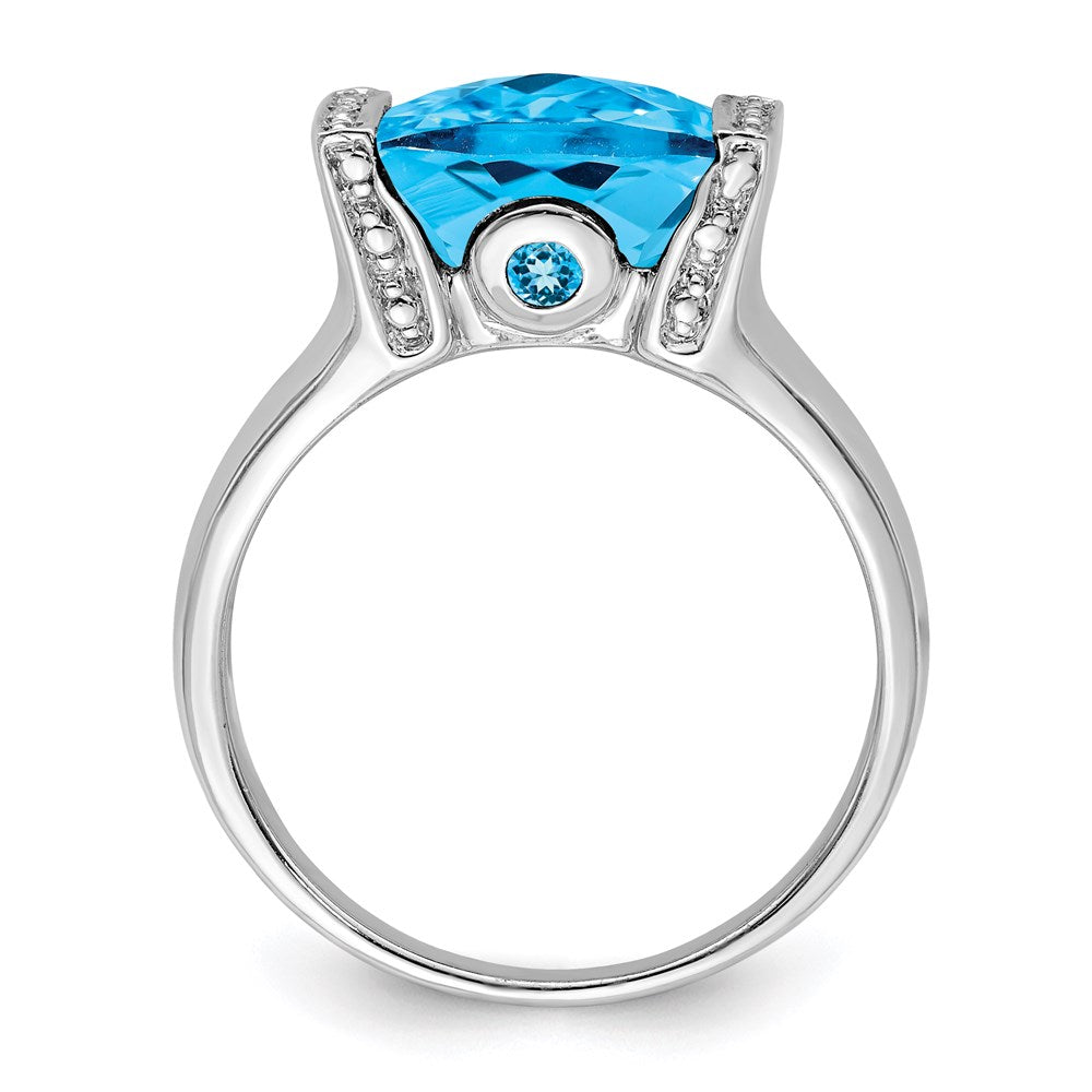 Sterling Silver Rhodium Checker-Cut Blue Topaz & Diamond Ring