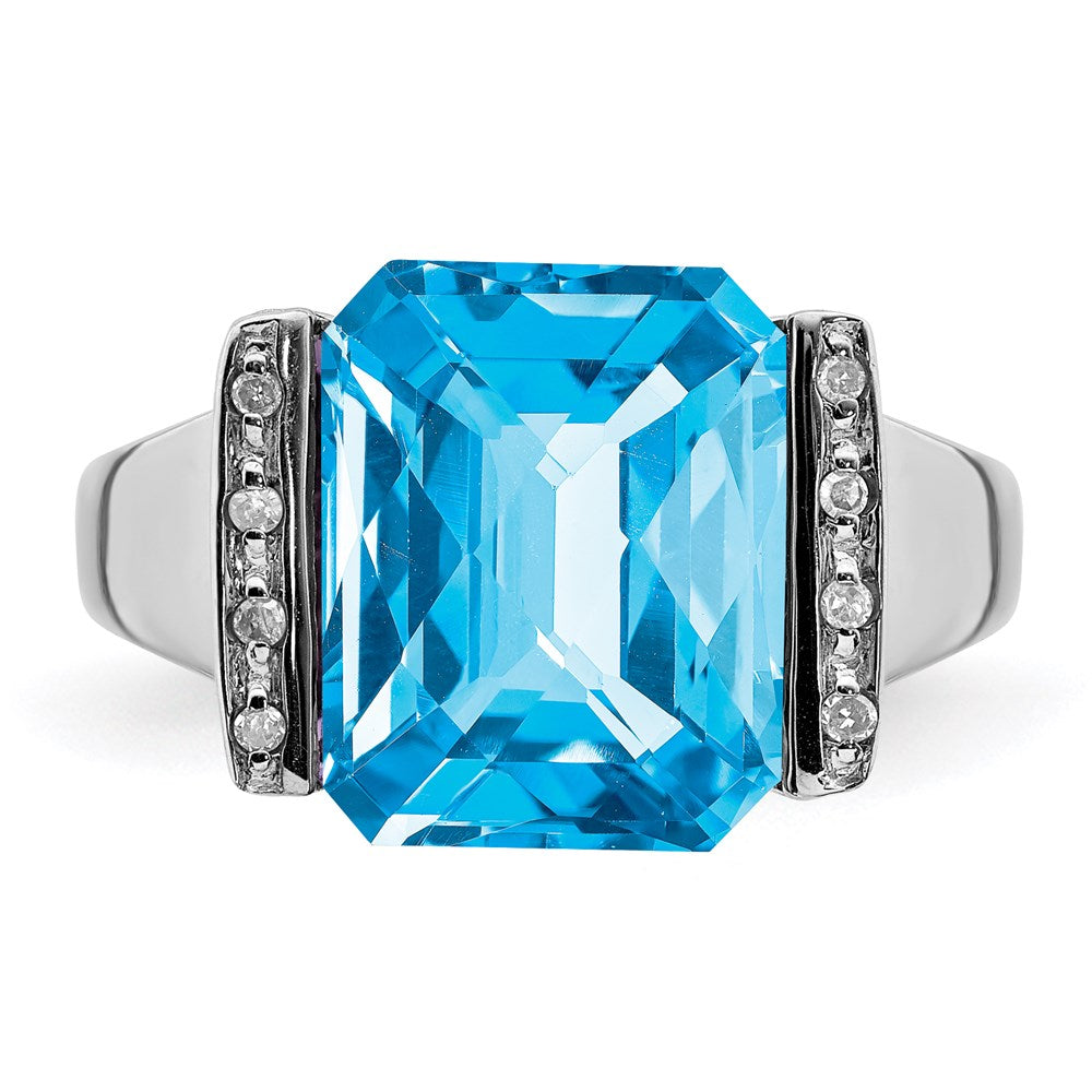 Sterling Silver Rhodium Checker-Cut Blue Topaz & Diamond Ring