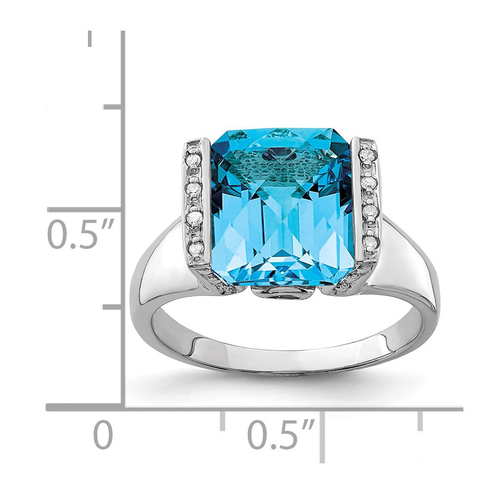 Sterling Silver Rhodium Checker-Cut Blue Topaz & Diamond Ring