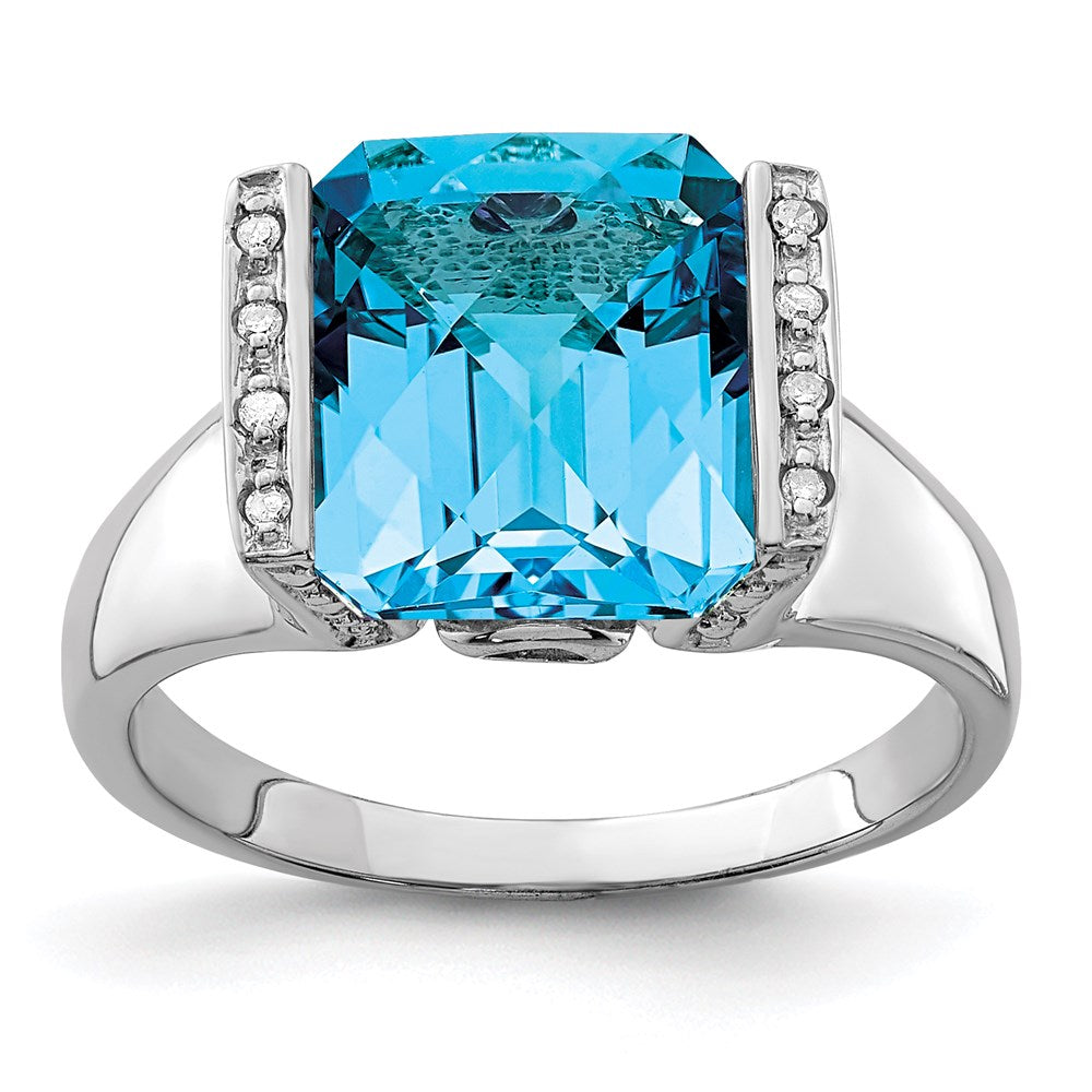 Sterling Silver Rhodium Checker-Cut Blue Topaz & Diamond Ring