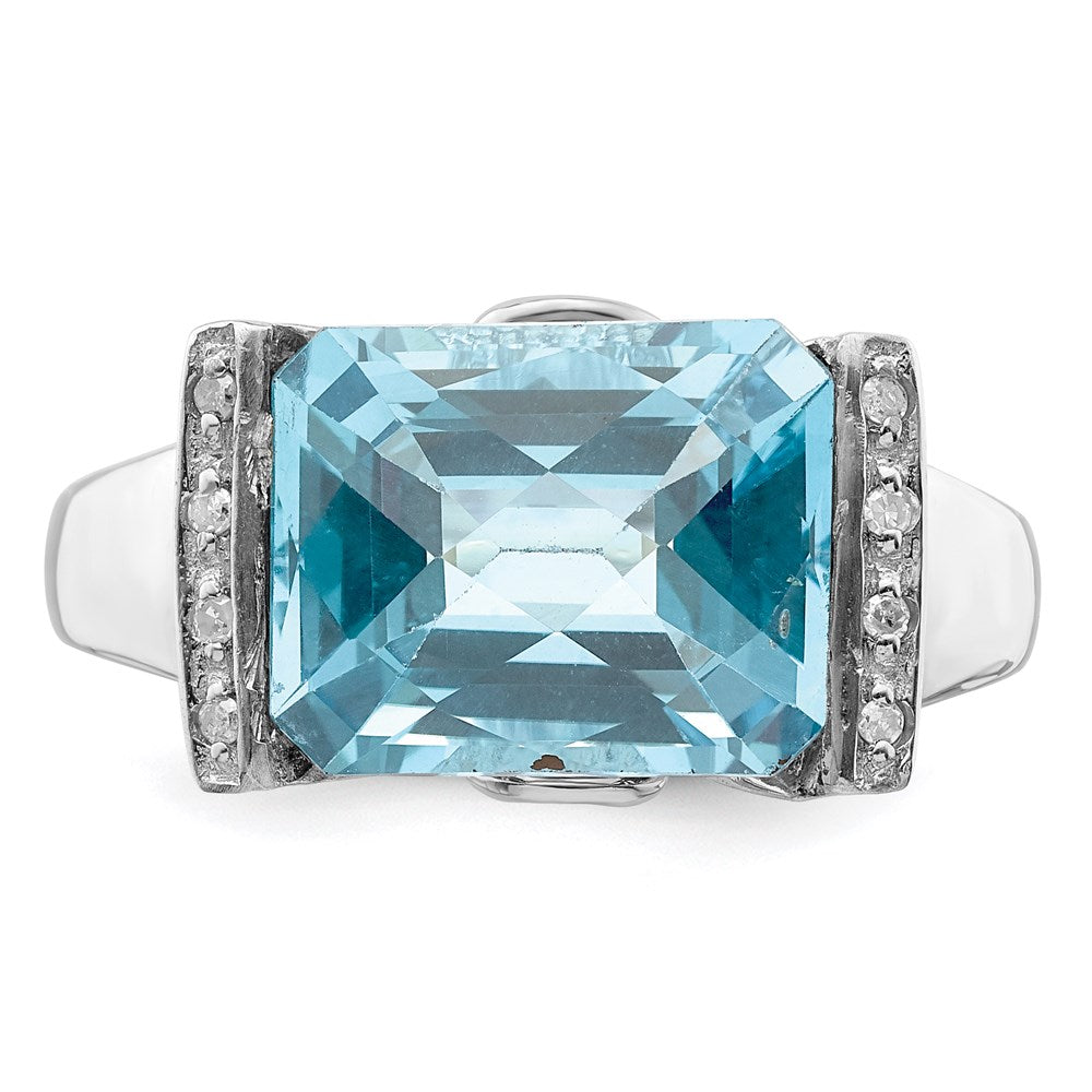 Sterling Silver Rhodium Checker-Cut Sky Blue Topaz Diamond Ring