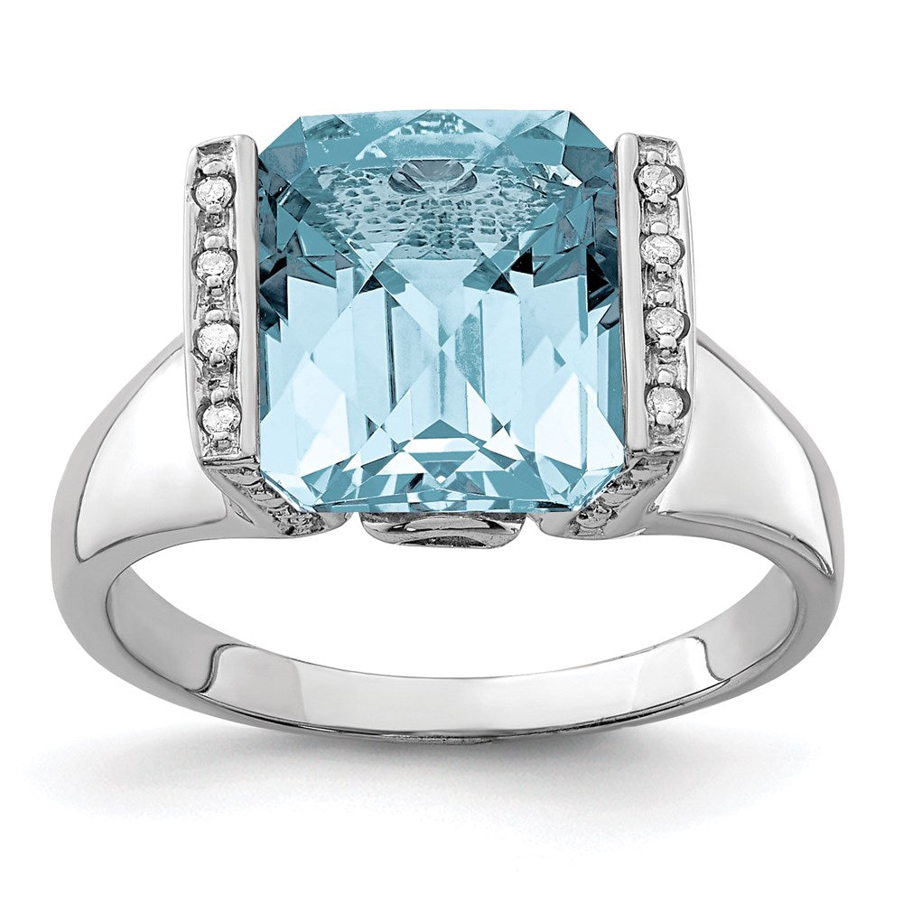 Sterling Silver Rhodium Checker-Cut Sky Blue Topaz Diamond Ring