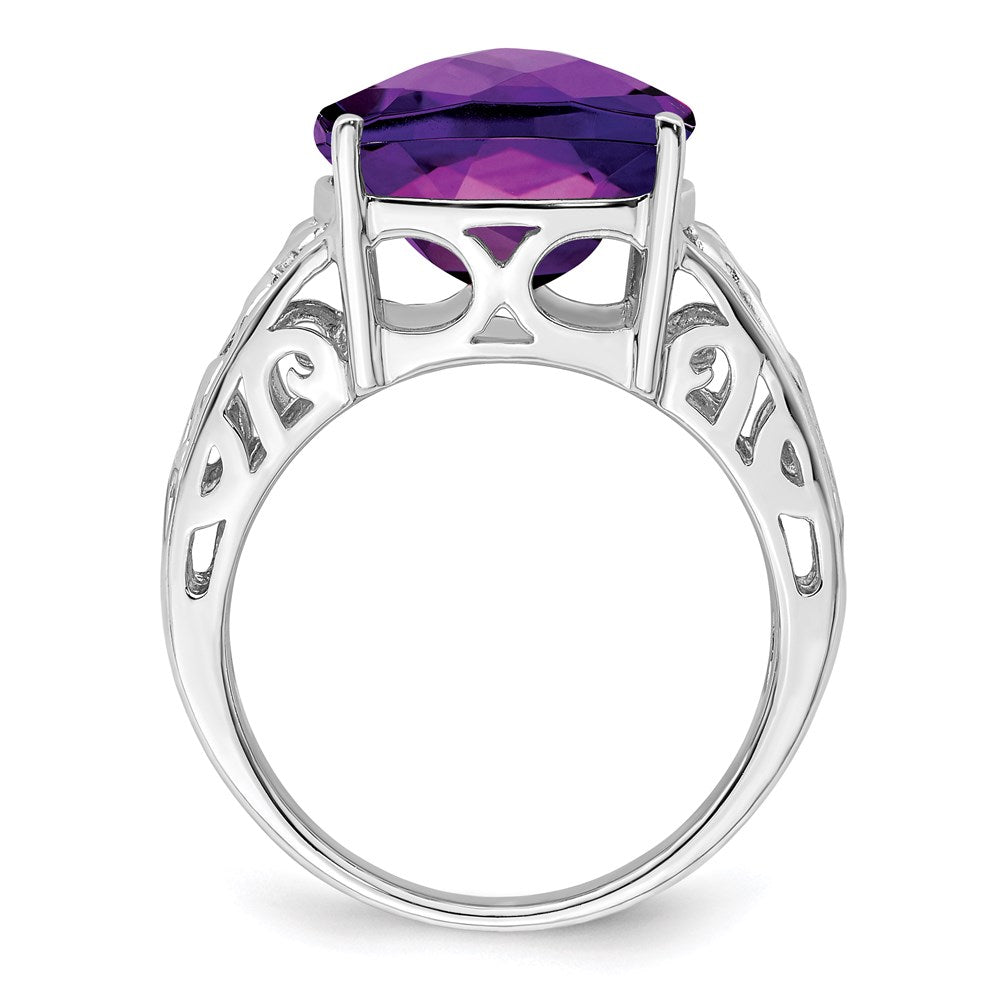 Sterling Silver Rhodium-plated Checker-Cut Amethyst Ring