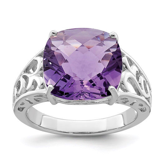 Sterling Silver Rhodium-plated Checker-Cut Amethyst Ring