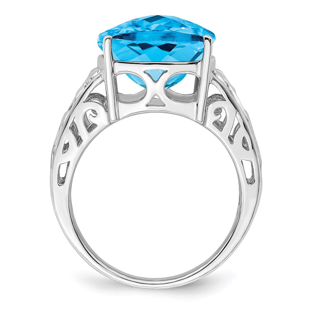 Sterling Silver Rhodium Checker-Cut Blue Topaz Ring