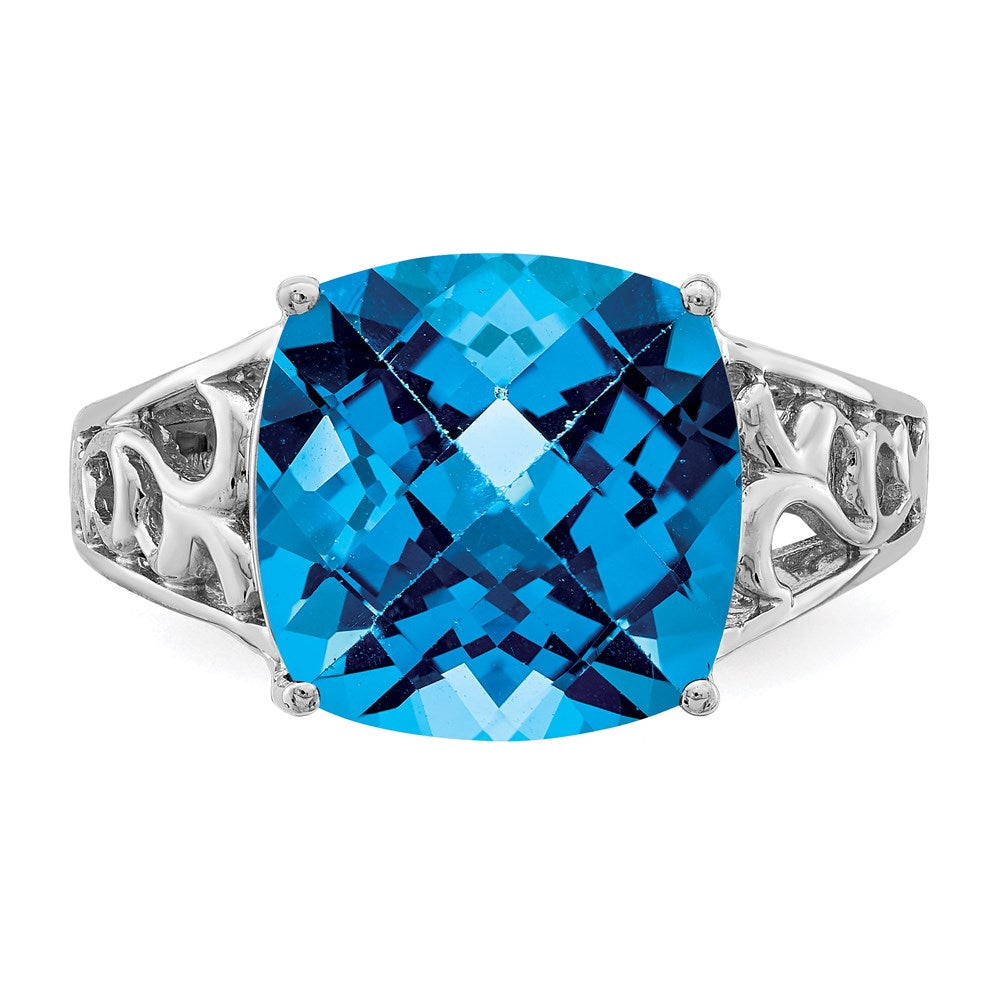 Sterling Silver Rhodium Checker-Cut Blue Topaz Ring