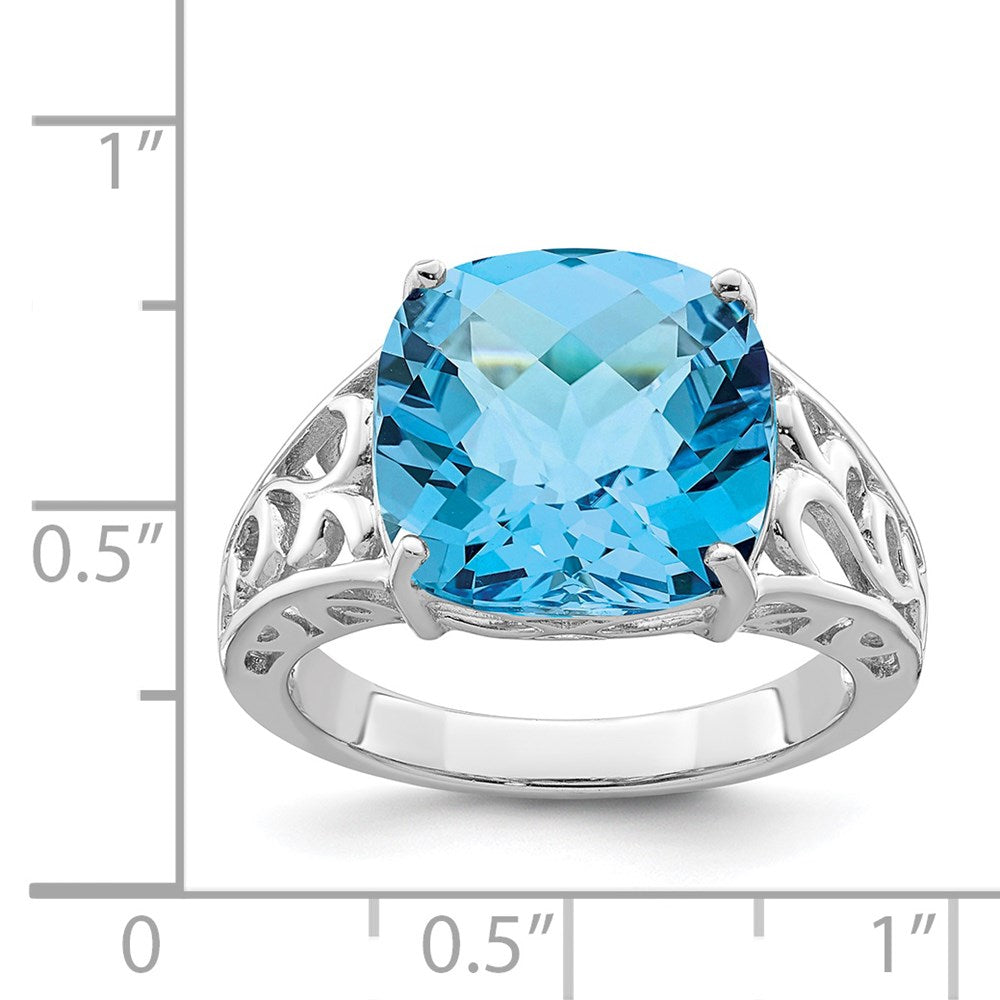 Sterling Silver Rhodium Checker-Cut Blue Topaz Ring