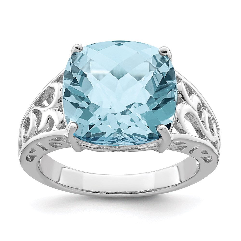 Sterling Silver Rhodium Checker-Cut Sky Blue Topaz Ring