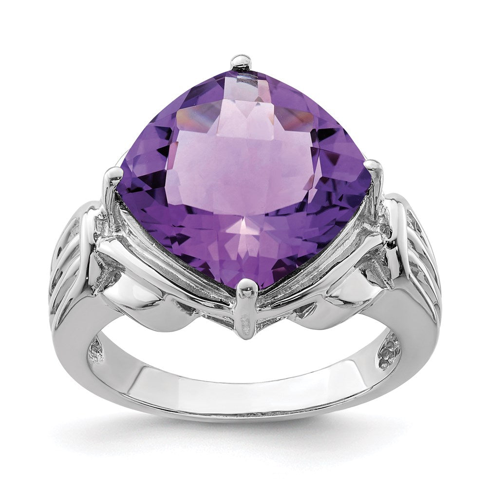 Sterling Silver Rhodium-plated Checker-Cut Amethyst Ring