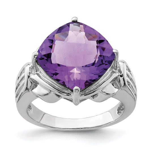 Sterling Silver 14K White Gold Plated Checker-Cut Amethyst Gemstone Birthstone Ring Fine Jewelry Gift for Her