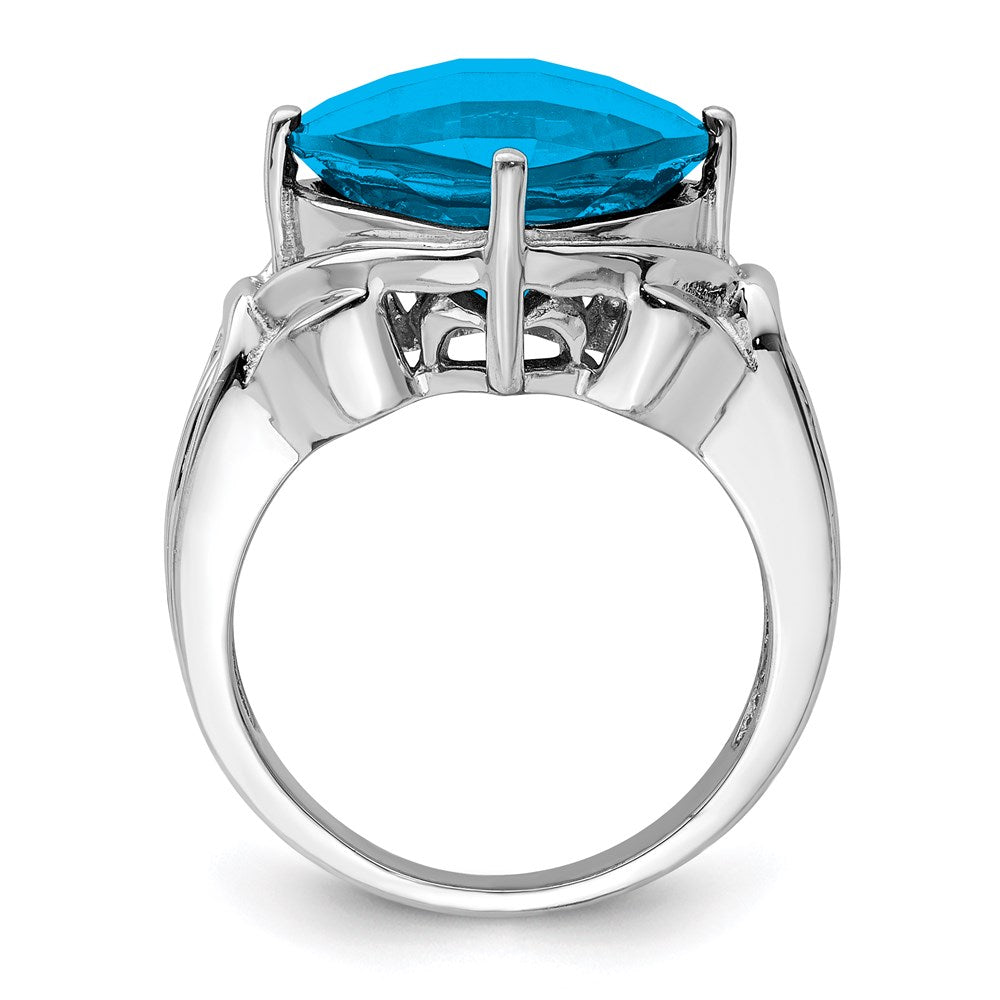 Sterling Silver Rhodium Checker-Cut Blue Topaz Ring