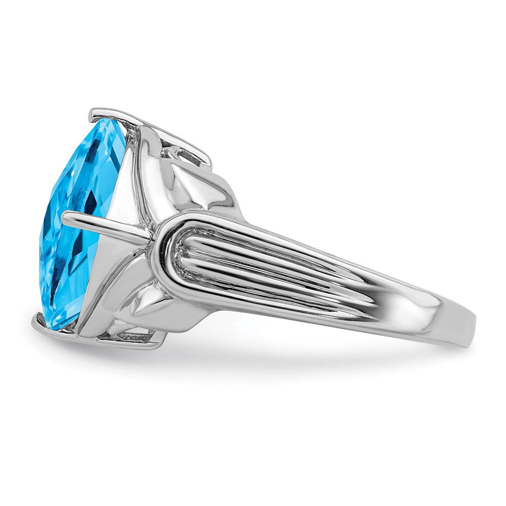 Sterling Silver Rhodium Checker-Cut Blue Topaz Ring