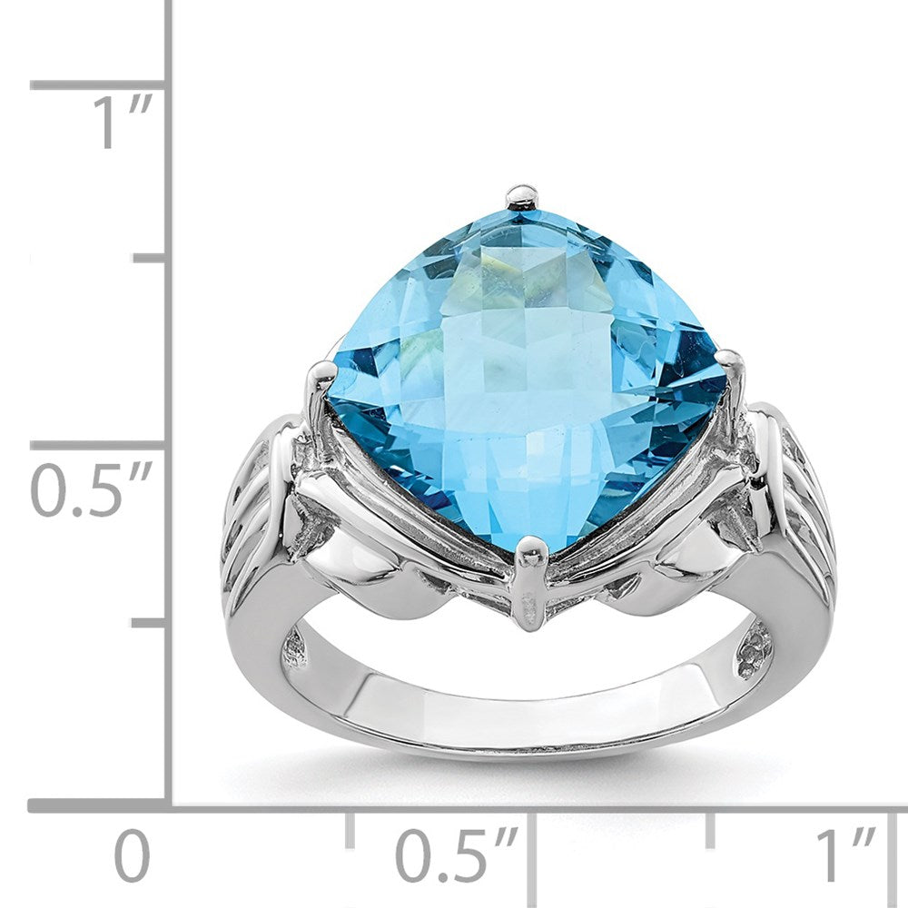 Sterling Silver Rhodium Checker-Cut Blue Topaz Ring