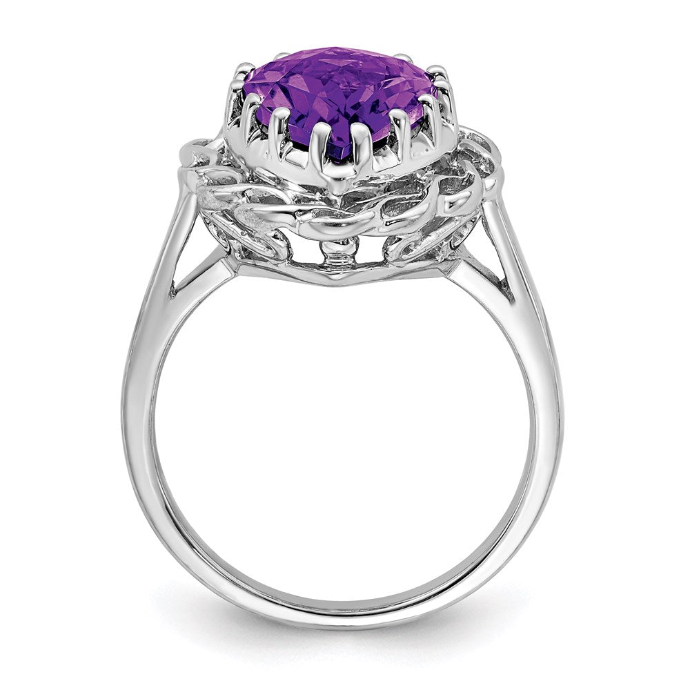 Sterling Silver Rhodium-plated Checker-Cut Amethyst Ring