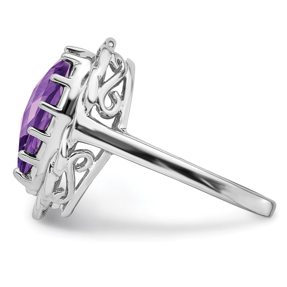 Sterling Silver Rhodium-plated Checker-Cut Amethyst Ring