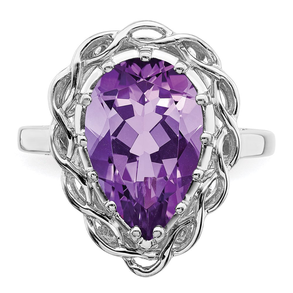 Sterling Silver Rhodium-plated Checker-Cut Amethyst Ring